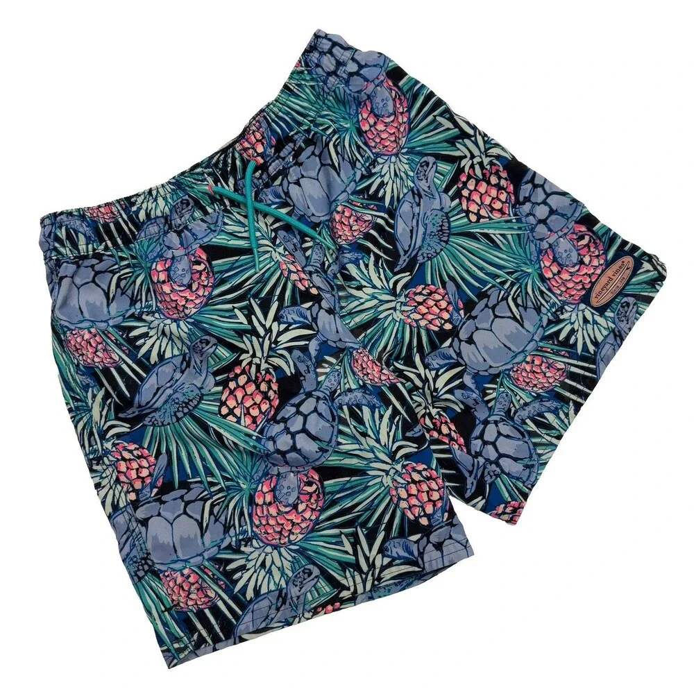 Vineyard Vines Boys Medium Swim Trunks Turtle Pineapple Tropical Blue Mesh Lined